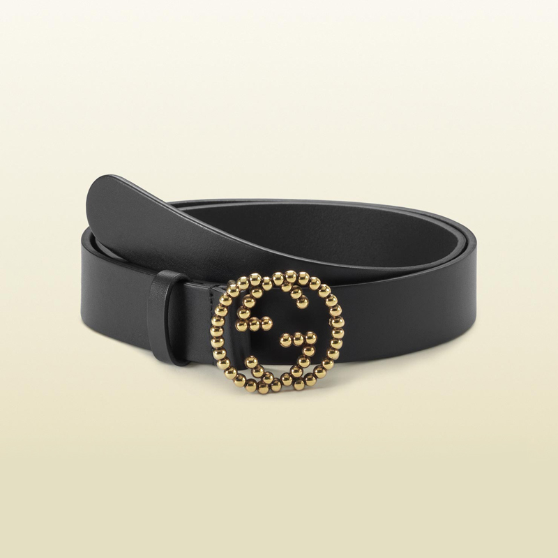 2013 Gucci black leather belt with studded interlocking G buckle