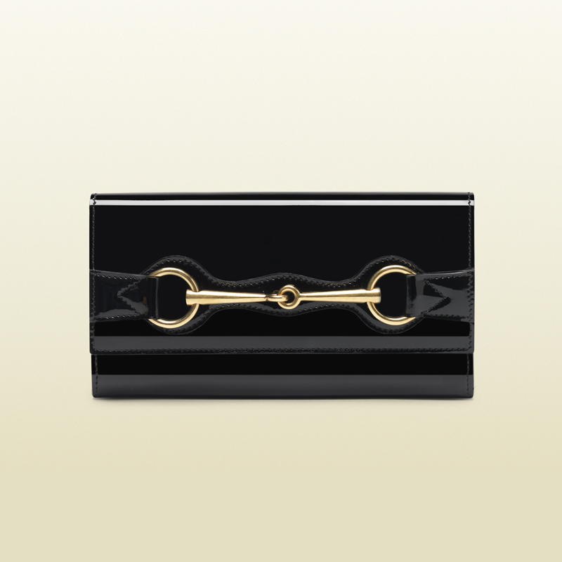 2013 Gucci black patent leather continental wallet with horsebit detail