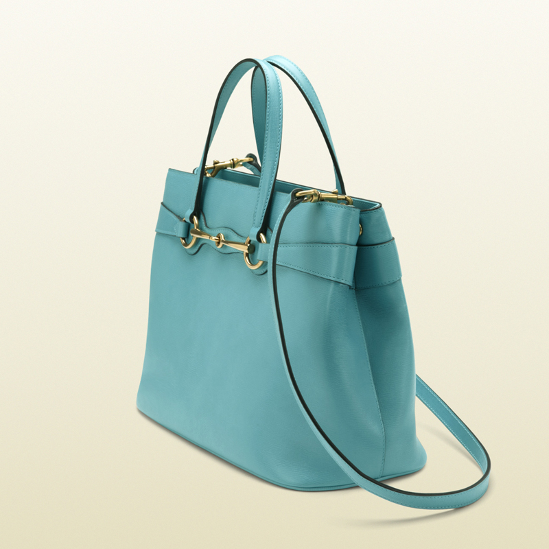 2013 Gucci bright bit light blue leather top handle tote