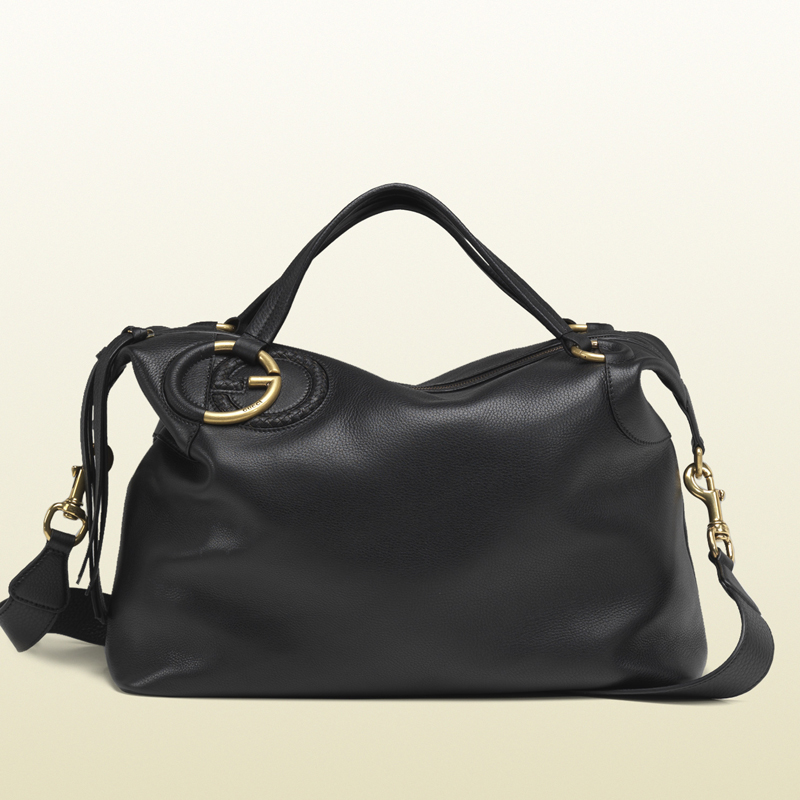 2013 Gucci twill black leather top handle bag