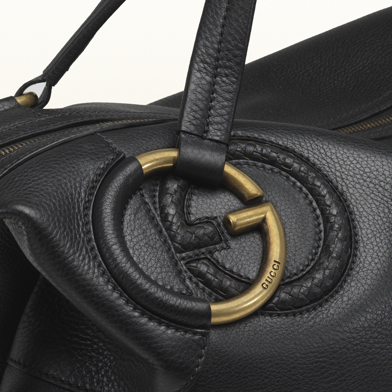 2013 Gucci twill black leather top handle bag