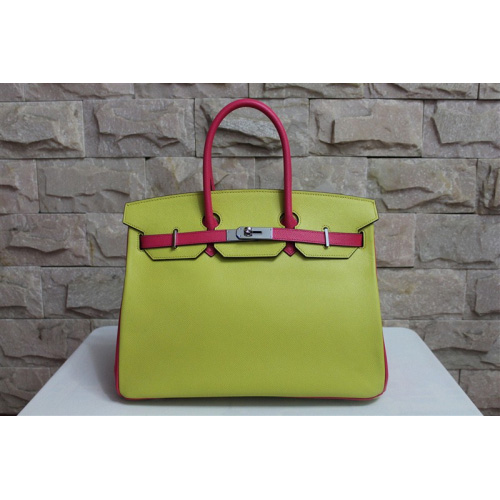 2013 Hot Sale Hermes Birkin 35CM Tote Bag Calf Leather Light Green&Rose with Silver hardware