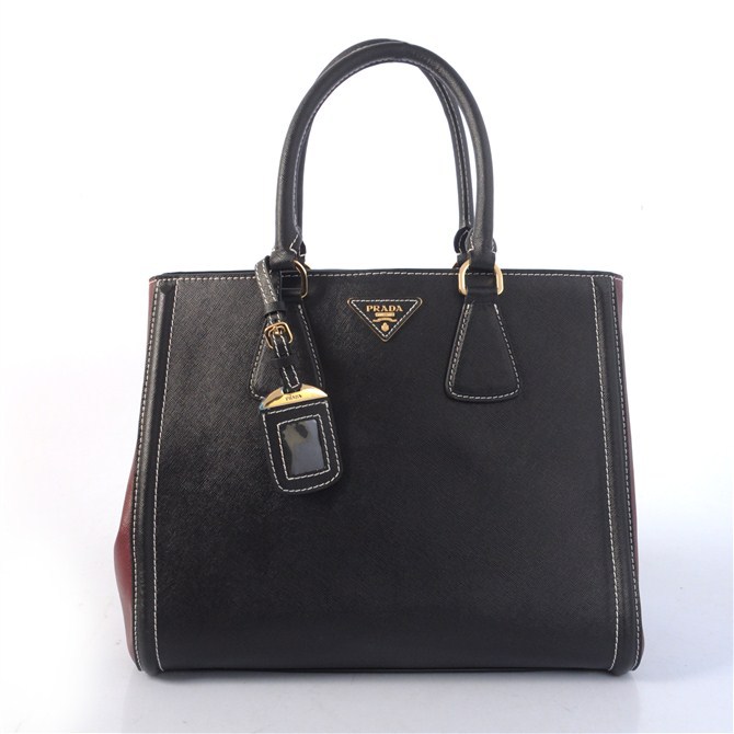 2013 PRADA BN2438 Saffiano Leather Tote Bag in Black with Dark red