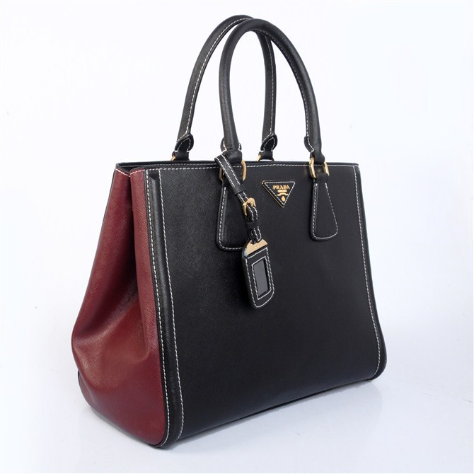 2013 PRADA BN2438 Saffiano Leather Tote Bag in Black with Dark red