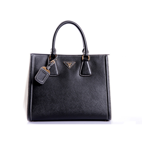 2013 PRADA BN2438 Saffiano Leather Tote Bag in Black with White