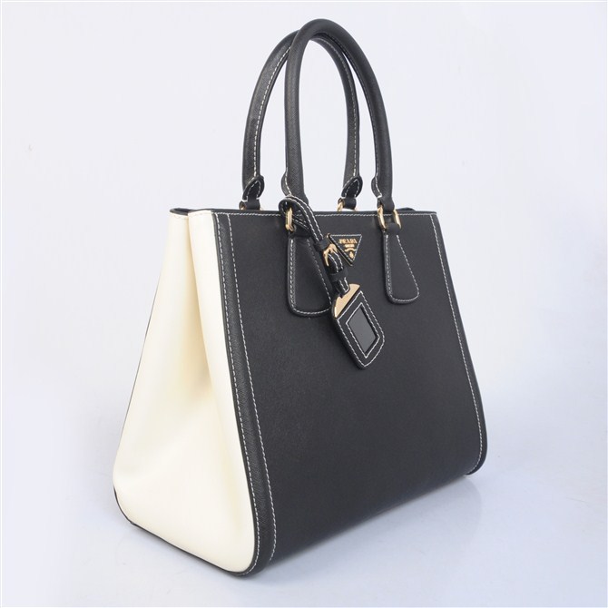 2013 PRADA BN2438 Saffiano Leather Tote Bag in Black with White