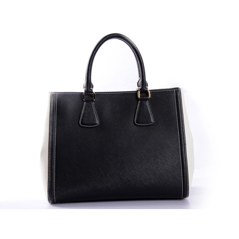 2013 PRADA BN2438 Saffiano Leather Tote Bag in Black with White