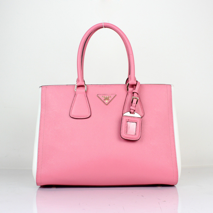 2013 PRADA BN2438 Saffiano Leather Tote Bag in Cherry pink with white