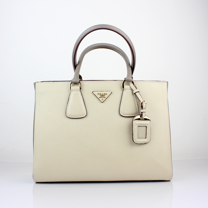 2013 PRADA BN2438 Saffiano Leather Tote Bag in Off-white with gray