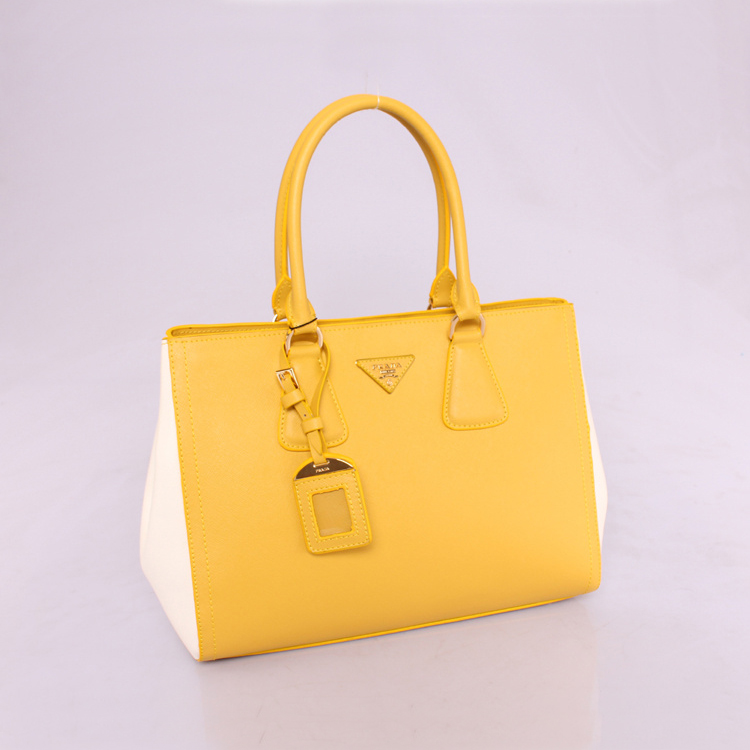 2013 PRADA BN2438 Saffiano Leather Tote Bag in Yellow with White