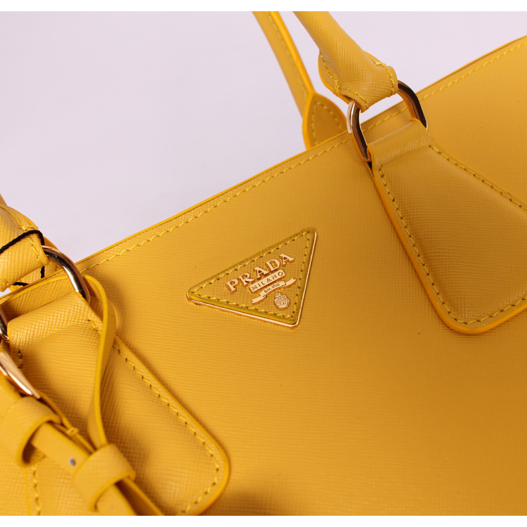 2013 PRADA BN2438 Saffiano Leather Tote Bag in Yellow with White