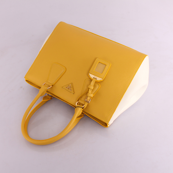 2013 PRADA BN2438 Saffiano Leather Tote Bag in Yellow with White