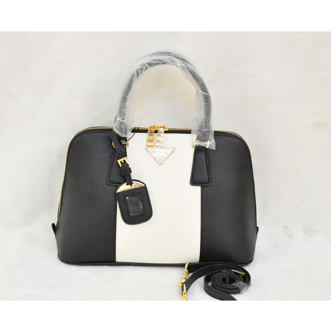 2013 PRADA Saffiano Leather Two Handle Bag 0837 in Black with White