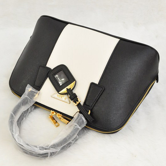 2013 PRADA Saffiano Leather Two Handle Bag 0837 in Black with White