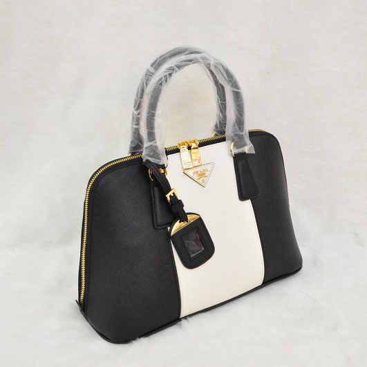 2013 PRADA Saffiano Leather Two Handle Bag 0837 in Black with White