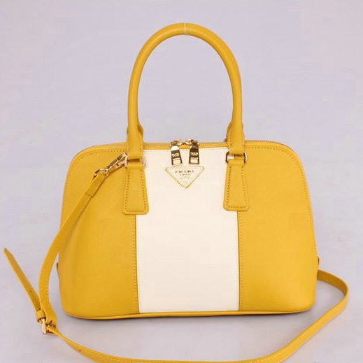 2013 PRADA Saffiano Leather Two Handle Bag 0837 in Lemon with OffWhite