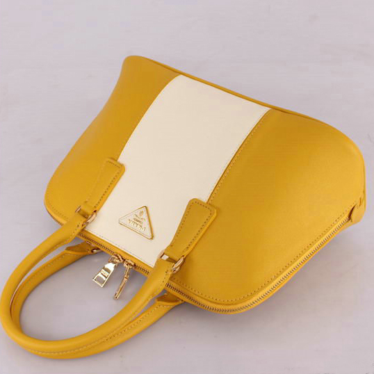 2013 PRADA Saffiano Leather Two Handle Bag 0837 in Lemon with OffWhite