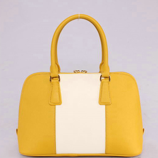 2013 PRADA Saffiano Leather Two Handle Bag 0837 in Lemon with OffWhite