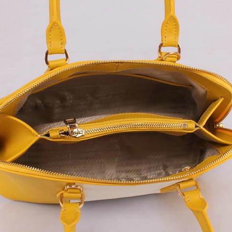 2013 PRADA Saffiano Leather Two Handle Bag 0837 in Lemon with OffWhite