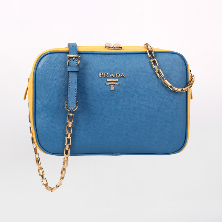 2013 Prada Calf Leather Mini shoulder Messenger Bag 2455 in Light blue with yellow