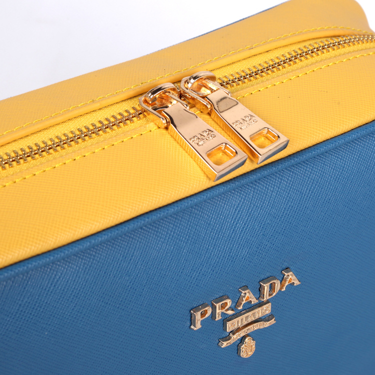 2013 Prada Calf Leather Mini shoulder Messenger Bag 2455 in Light blue with yellow