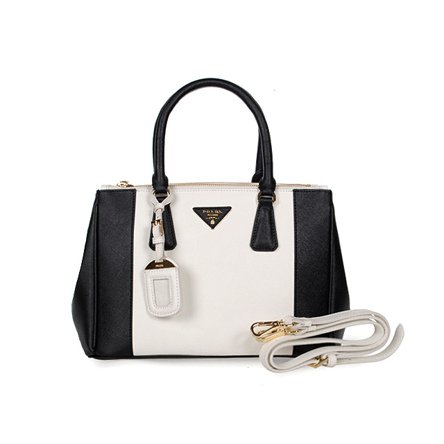 2013 Prada Saffiano Leather Tote Bag 1801 in Black with White