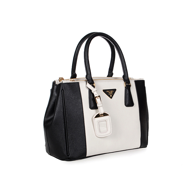 2013 Prada Saffiano Leather Tote Bag 1801 in Black with White