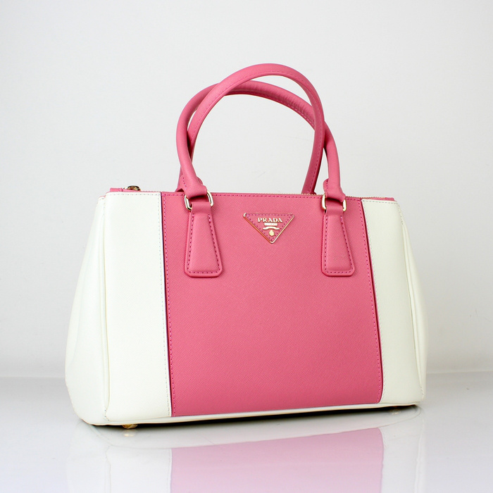 2013 Prada Saffiano Leather Tote Bag 1801 in cherry pink with White