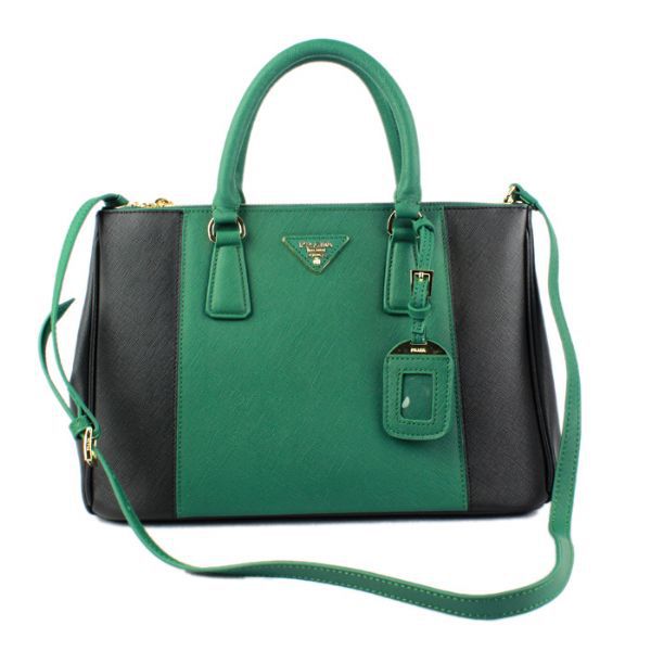 2013 Prada Saffiano Leather Tote Bag 2274 in Black with Green