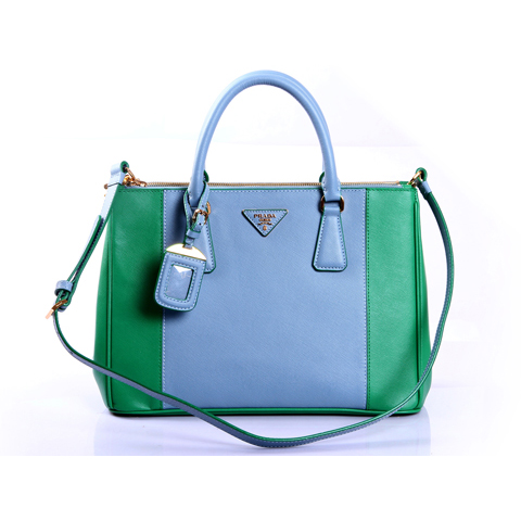 2013 Prada Saffiano Leather Tote Bag 2274 in Green with Skyblue