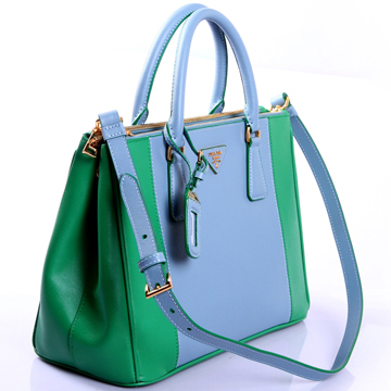 2013 Prada Saffiano Leather Tote Bag 2274 in Green with Skyblue