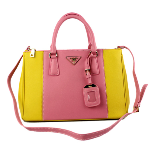 2013 Prada Saffiano Leather Tote Bag 2274 in Lemon yellow with cherry pink