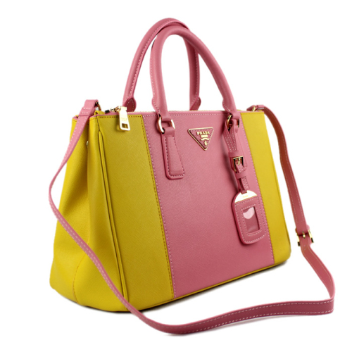 2013 Prada Saffiano Leather Tote Bag 2274 in Lemon yellow with cherry pink