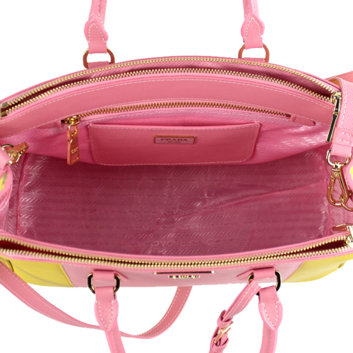 2013 Prada Saffiano Leather Tote Bag 2274 in Lemon yellow with cherry pink