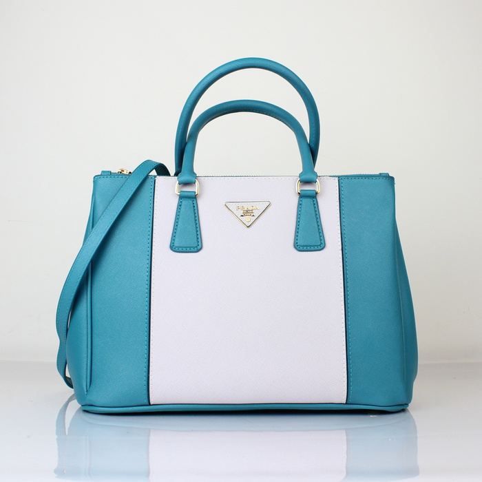 2013 Prada Saffiano Leather Tote Bag 2274 in OffWhite with Light Blue