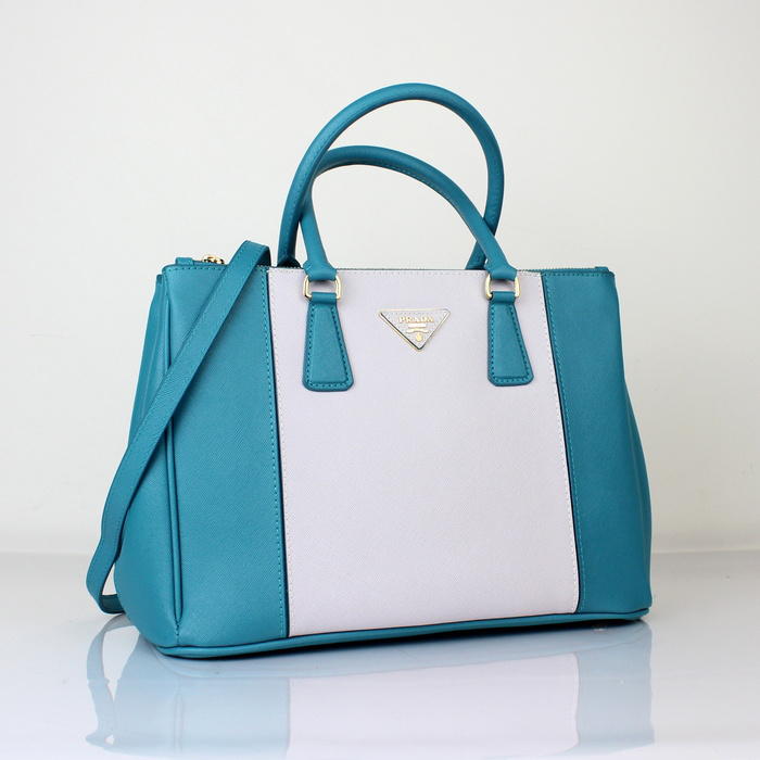 2013 Prada Saffiano Leather Tote Bag 2274 in OffWhite with Light Blue