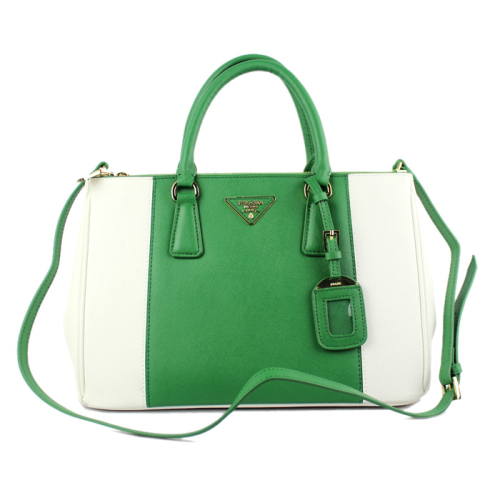 2013 Prada Saffiano Leather Tote Bag 2274 in White with Grass green