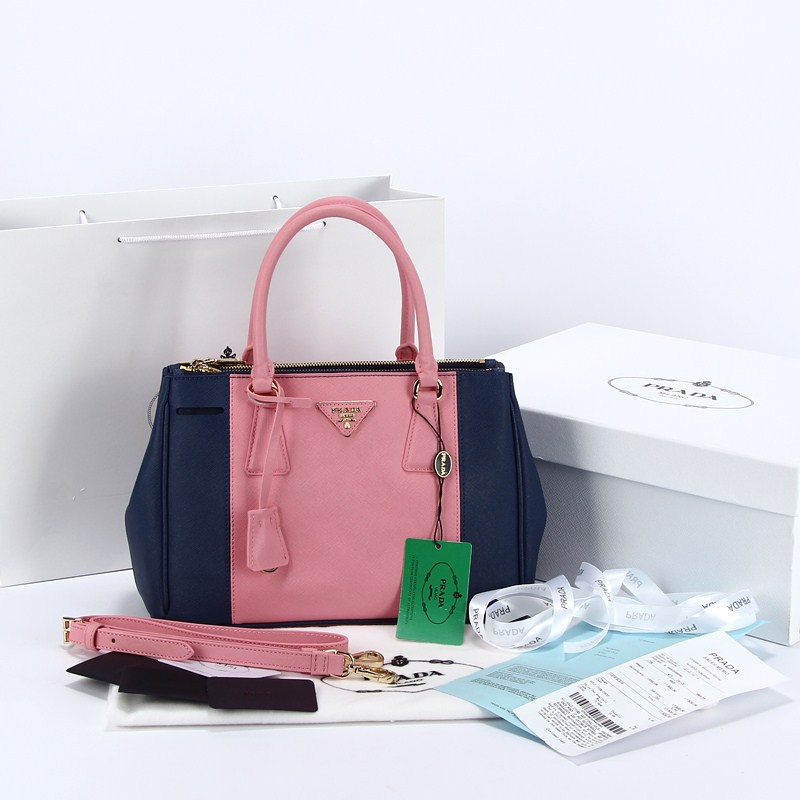 2013 Prada Saffiano Leather Tote Bag 2274 in blue with Pink