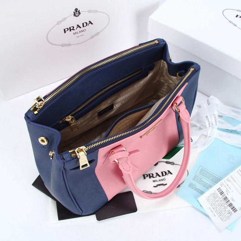 2013 Prada Saffiano Leather Tote Bag 2274 in blue with Pink