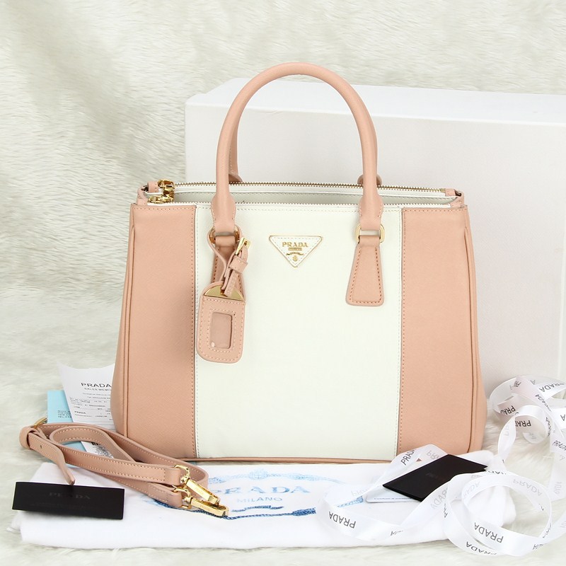 2013 Prada Saffiano Leather Tote Bag 2274 in white with Bare Pink