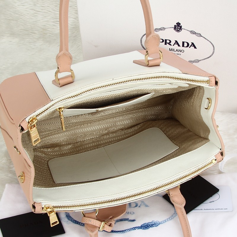 2013 Prada Saffiano Leather Tote Bag 2274 in white with Bare Pink