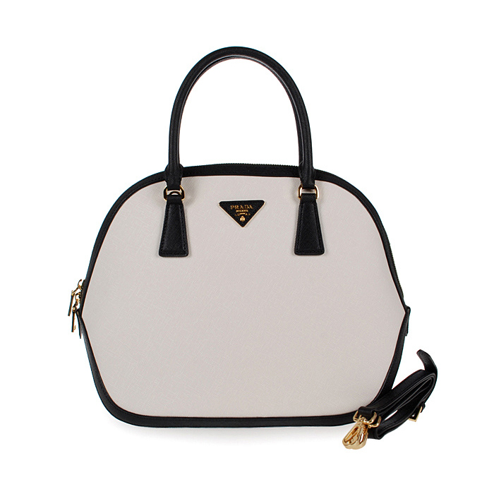 2013 Prada Saffiano Leather Tote Bag 6628 in Black with white