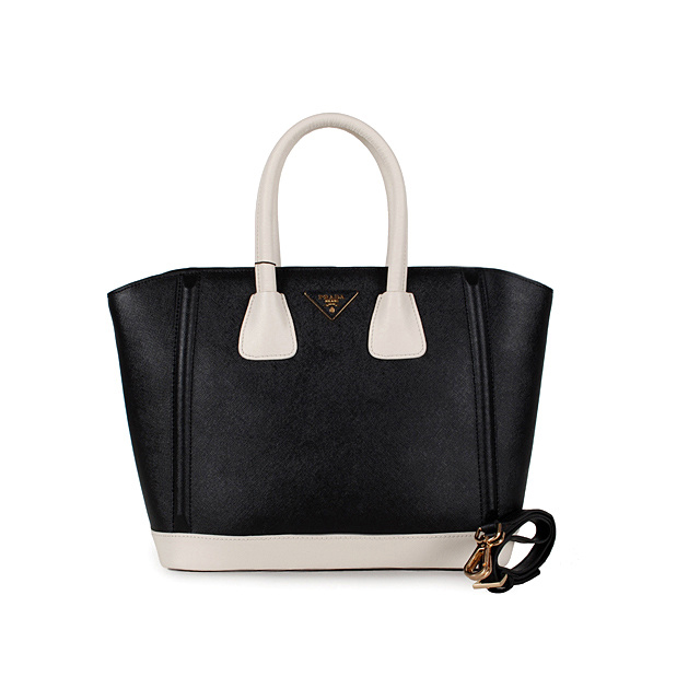 2013 Prada Saffiano Leather Tote Bags in Black with White