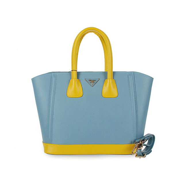 2013 Prada Saffiano Leather Tote Bags in Light blue with yellow