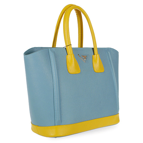 2013 Prada Saffiano Leather Tote Bags in Light blue with yellow