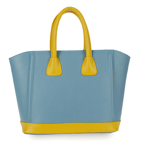 2013 Prada Saffiano Leather Tote Bags in Light blue with yellow