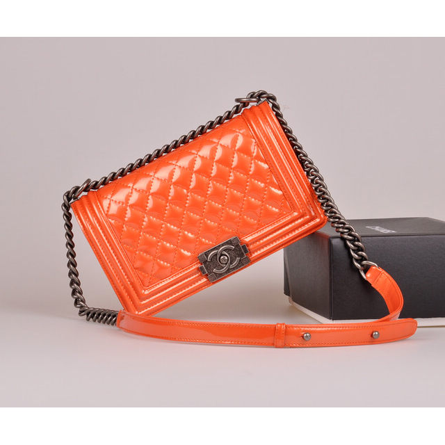 2014 Boy Chanel A67086 Flap Shoulder Bag Original Patent Leather Orange