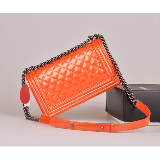 2014 Boy Chanel A67086 Flap Shoulder Bag Original Patent Leather Orange