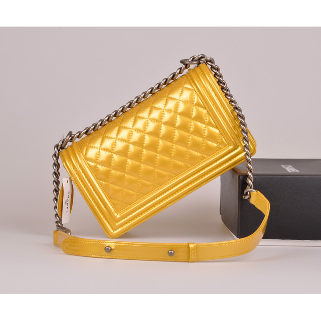 2014 Boy Chanel A67086 Flap Shoulder Bag Original Patent Leather Yellow