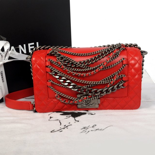 2014 Boy Chanel A67919 Red Flap Shoulder Bag in Original Leather